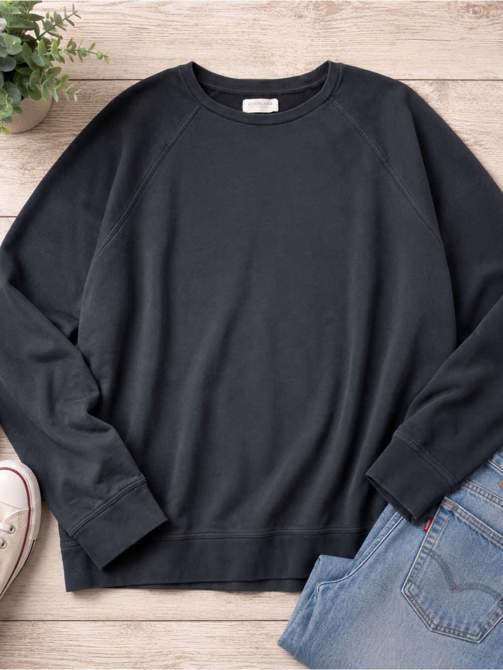 Everlane Women’s XL Crewneck Sweatshirt Black 100% Cotton Raglan Long Sleeve